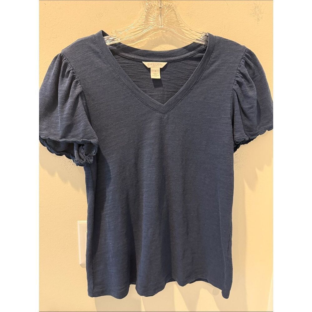 Caslon Navy Blue V-Neck Puff Short Sleeve scallop details Tee size XS